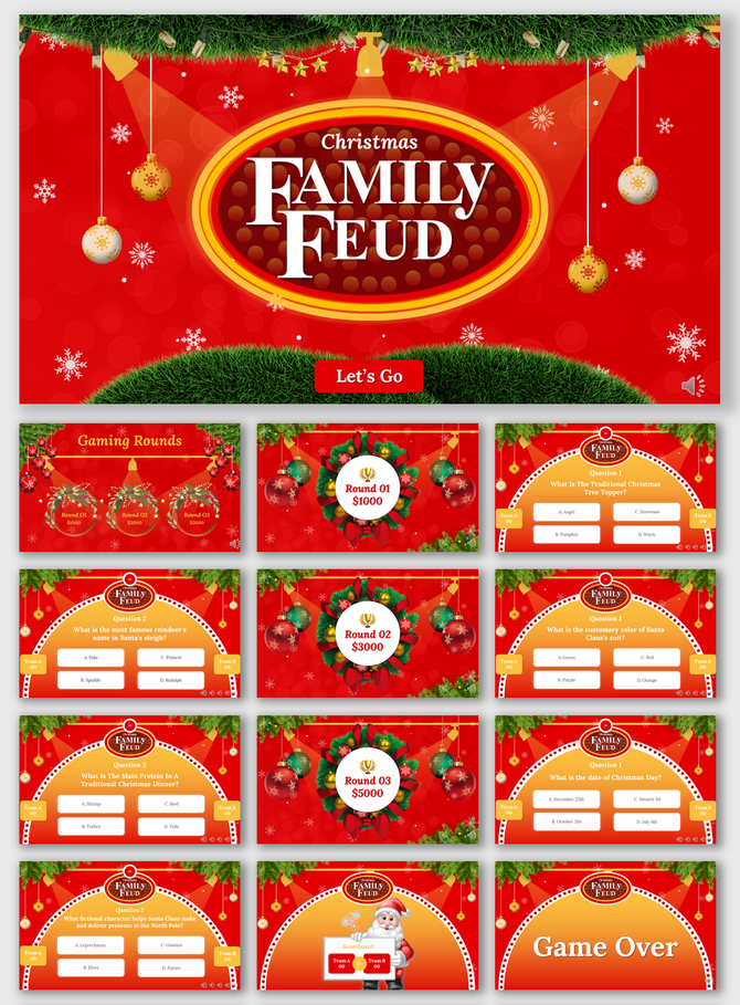 Playful Christmas fairytale template with Santa, snowman, reindeer, and pine trees on a bright yellow background.