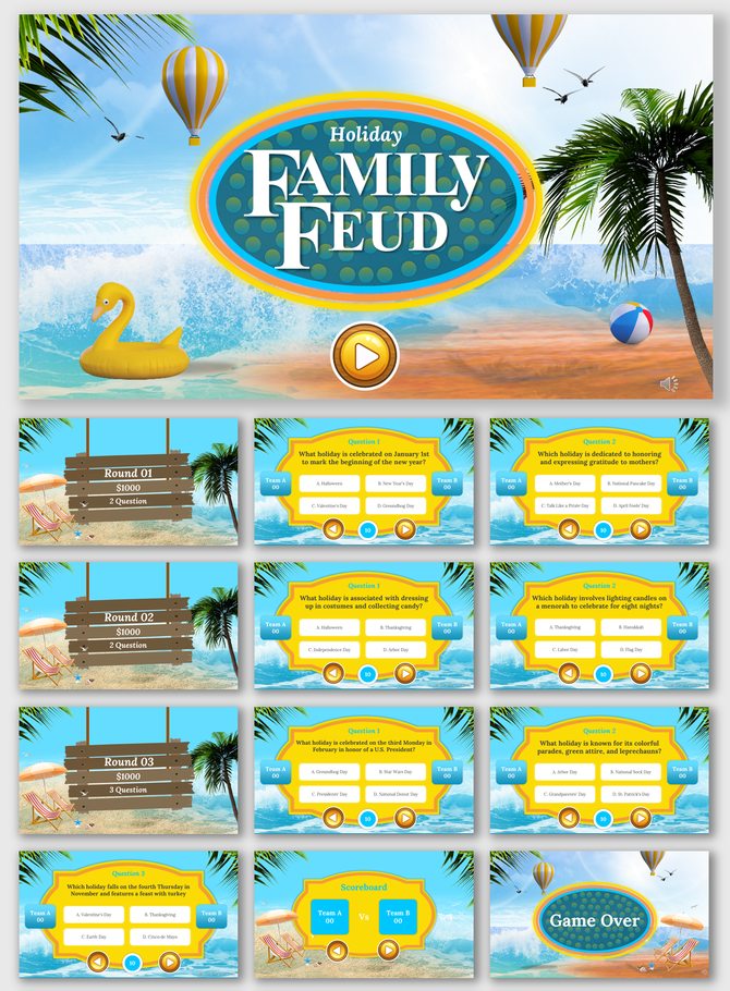 Holiday themed Family Feud PowerPoint template with a beach background, hot air balloons, and interactive question slides.