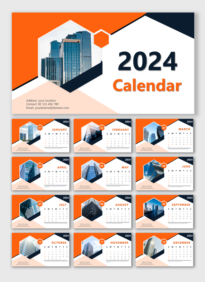 2024 calendar slides with a modern design featuring monthly pages and building images.