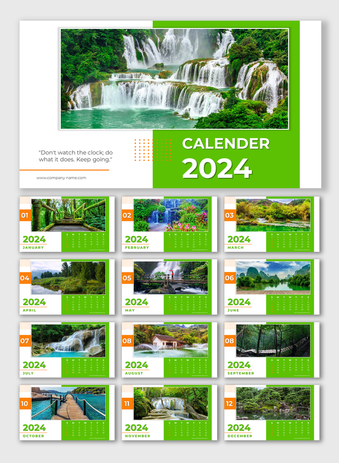 2024 calendar slides featuring scenic landscapes for each month with a nature themed design and motivational quotes.