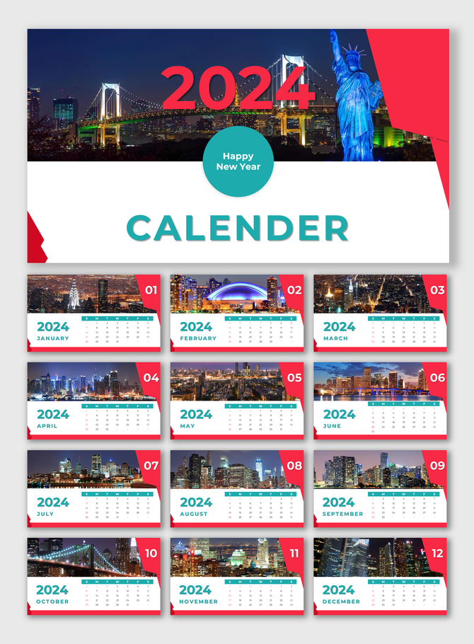 2024 calendar PPT slides featuring vibrant cityscape photos for each month with a modern design and greeting.
