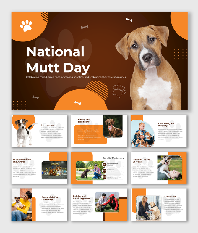 National mutt day slide deck with brown and orange design, showcasing topics on adoption, diversity, and benefits.