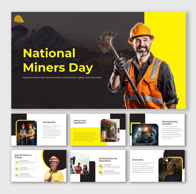 National Miners day features slides on the mining industry, its history, safety measures, and miners' roles.
