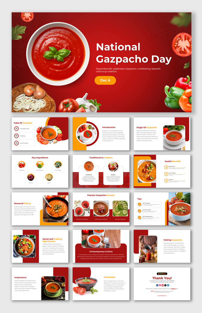 National Gazpacho day PPT slides with vibrant images of fresh vegetables and information on the cold Spanish soup.