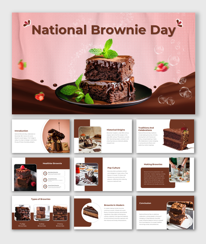 Slide deck featuring images of delicious brownies and discussions on their history and making, with brown accents.