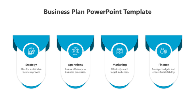 Blue-accented business plan layout showing strategy, operations, marketing, and finance sections with icons and descriptions.