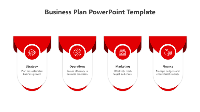 Four red rounded panels with white sections, each featuring an icon and description in a horizontal layout.