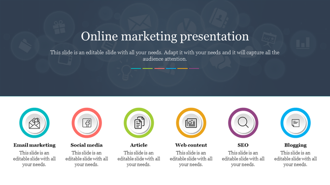 Slide showcasing key components of online marketing, including email marketing, social media, and SEO, with icons.