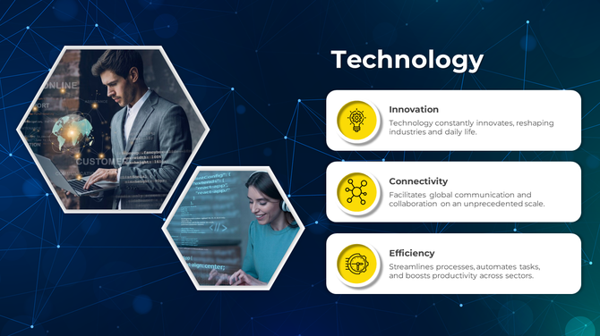 Technology themed slide with two hexagonal images of people working and three yellow highlighted bullet points on the right.