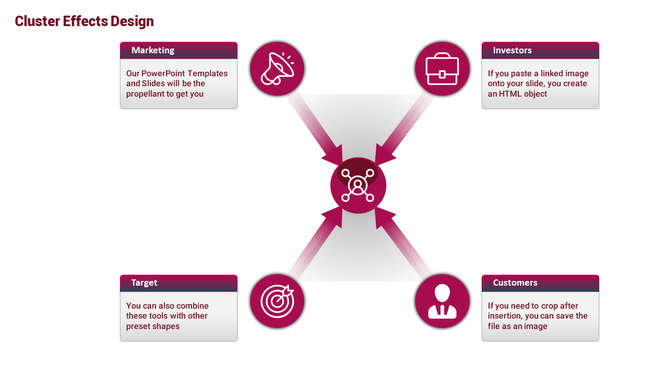 Slide featuring a central hub connected to four points with magenta icons and descriptions boxes, in a clean layout.