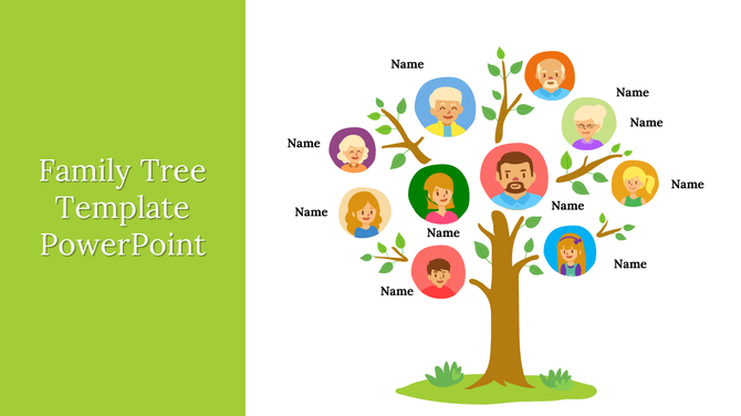 A colorful family tree diagram with circular portraits of family members and placeholders for names.