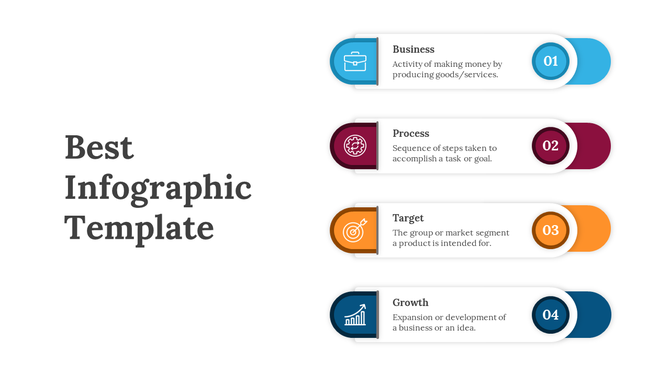 Infographic with four horizontal rounded blocks in blue, red, orange, and navy, each with icons and captions.