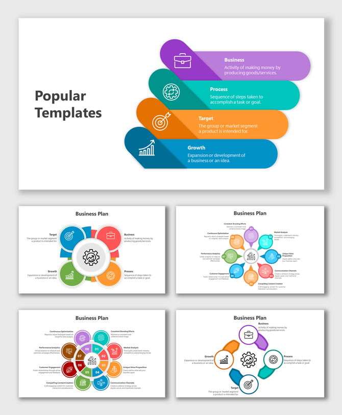 Slide deck showcasing colorful business templates, including layered shapes, circular diagrams, and detailed business plans.