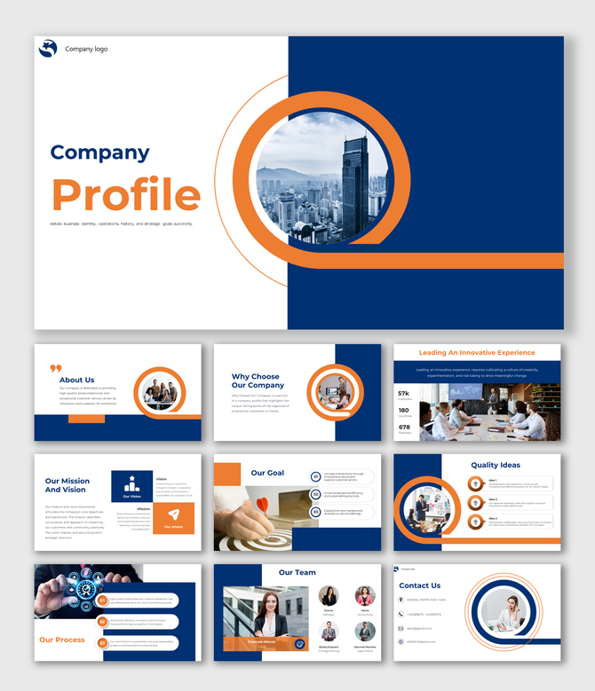 Company slide deck with a blue and orange design, highlighting key services, strategy, and organizational structure.