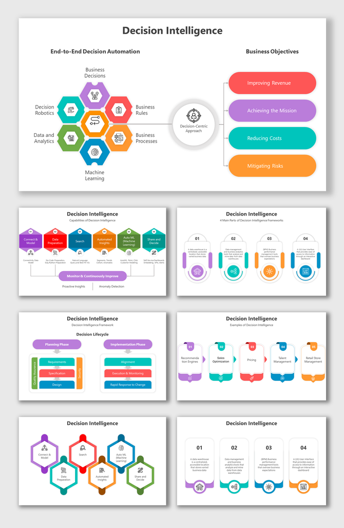 Slide deck showcasing decision intelligence with colorful hexagons, charts, and detailed frameworks in vibrant layouts.