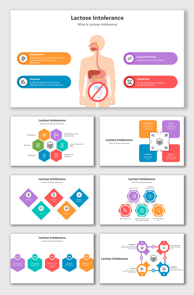 Lactose intolerance slides with illustrations of symptoms, causes, diagnosis, and management with different layout designs.