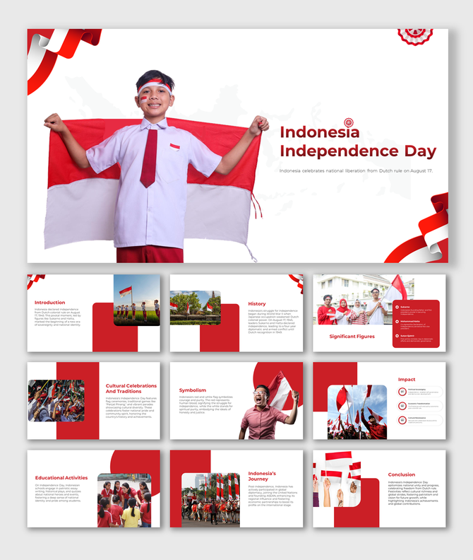 Independence day celebration in Indonesia PPT slides featuring a student proudly holding the national flag on a red theme.