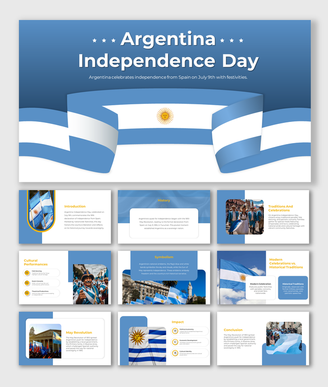 Argentina Independence day slide deck with blue and white flag visuals, covering history, symbolism, and celebrations.