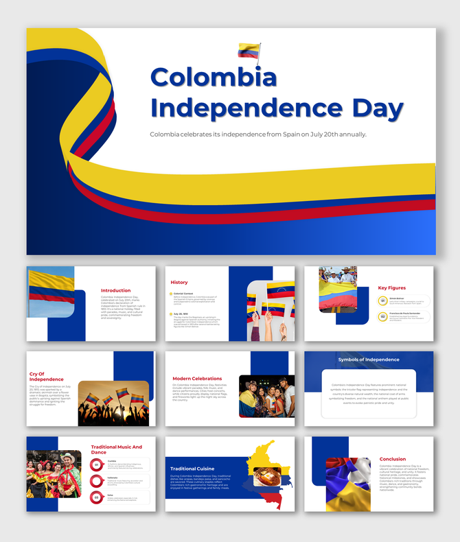 Colombia independence day slides featuring the colombian flag and a message celebrating independence on July 20th with text.