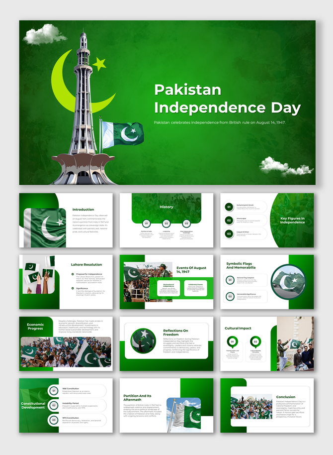 Pakistan Independence day slides with green visuals, national symbols, covering key historical events and figures.
