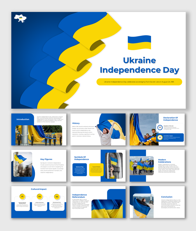 Ukrainian Independence Day presentation featuring slides on cultural impact, key figures, and symbols of freedom.