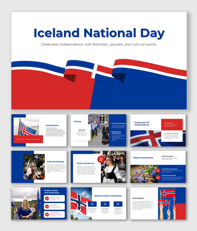 Iceland National day slides cover history, cultural heritage, celebrations, and national pride with pictures and text.
