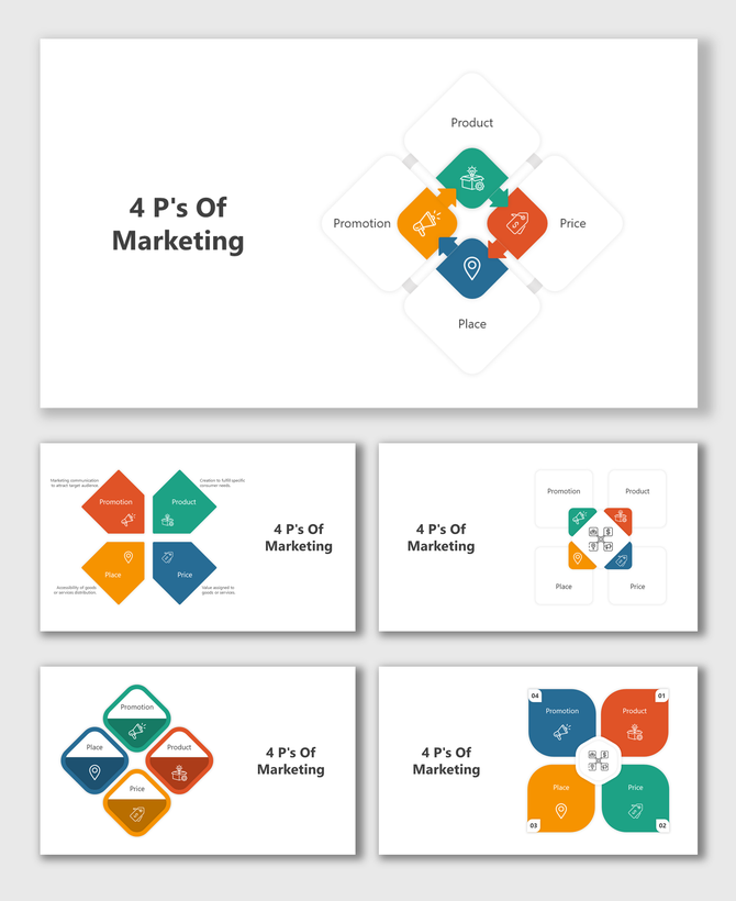 4 Ps of Marketing PowerPoint slides Product, Price, Place, and Promotion in a different colorful layout design with icons.