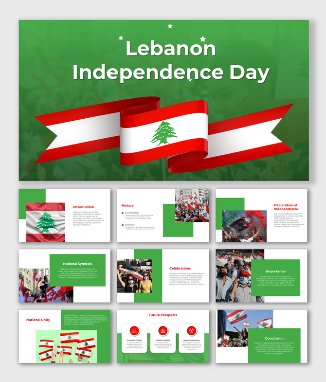 Lebanese Independence day slide pack, using red and green themes with images of flags, celebrations, and patriotic events.