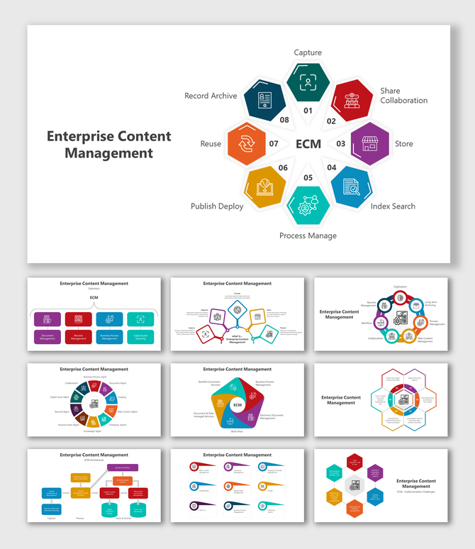 Slides showcasing various layouts and icons for enterprise content management with colorful hexagonal and circular designs.
