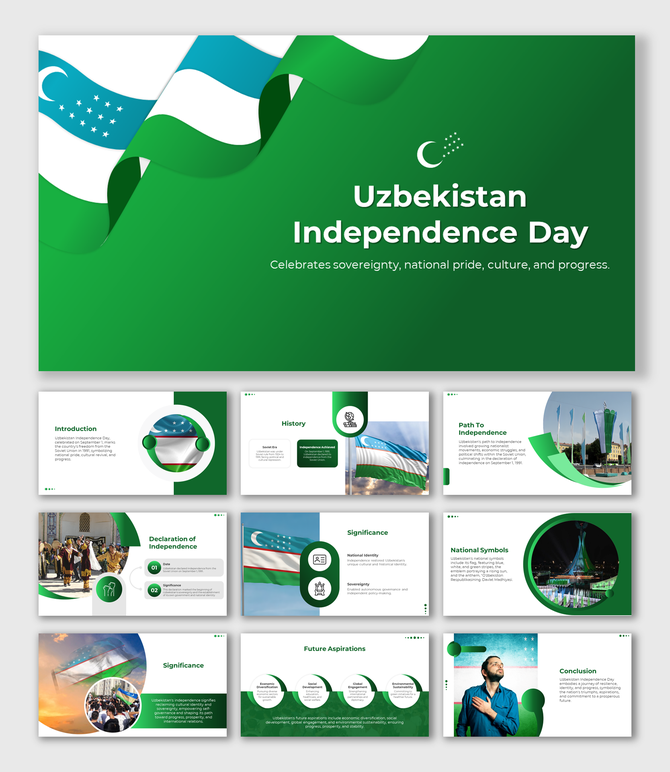 Green and white-themed Uzbekistan Independence Day slide deck, with flag visuals and sections from history to aspirations.
