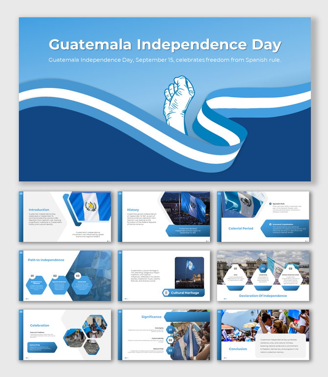 Guatemala independence day PowerPoint celebrating September 15, with slides on history, cultural heritage, and celebration.