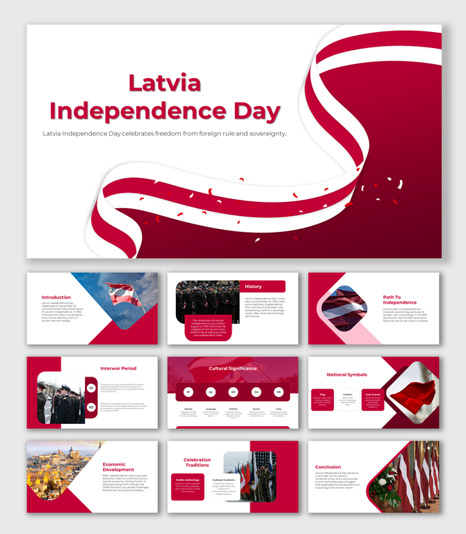 Educational slides on Latvian independence with sections on national symbols, cultural values, and political milestones.