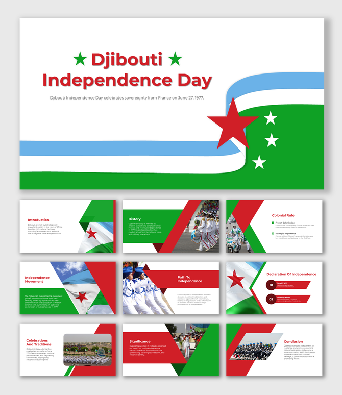 A colorful Djibouti Independence day slides featuring the national flag and the celebration of sovereignty from France.