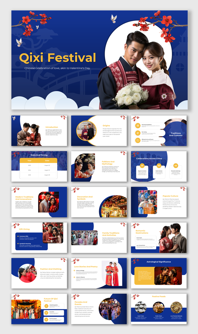 Qixi festival slide deck in blue and yellow theme, featuring images of traditional couples, and festival celebrations.