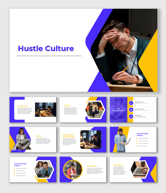 Hustle culture slide deck with text and an image of a man looking overwhelmed, framed by angular blue and yellow borders.