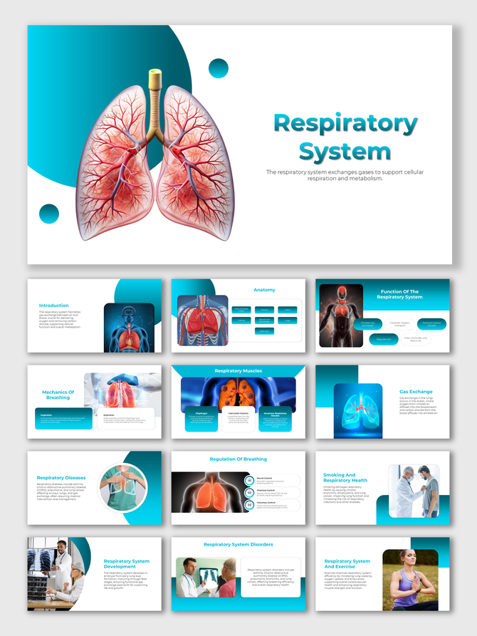Respiratory system cover with lung graphic and bold title text, framed by teal accent circles and a clinical design.