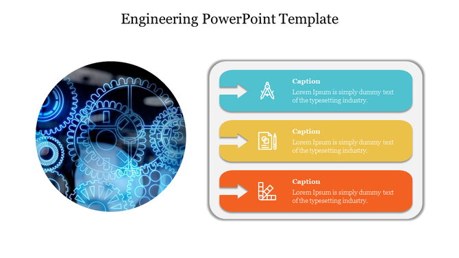 Engineering-themed slide with glowing gear visuals and three captions in blue, yellow, and orange sections.