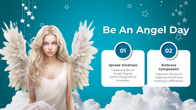 An angel with soft wings, with a background of stars, celebrating Be An Angel Day and encouraging kindness and compassion.