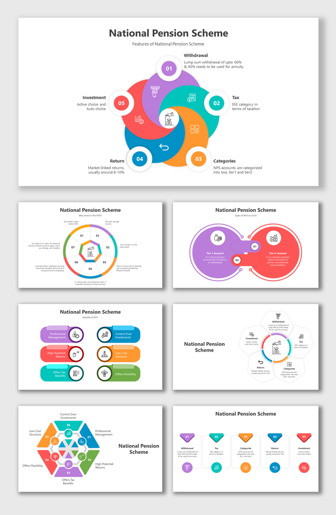 Infographic detailing features of the National Pension Scheme slides with colorful layout designs and icons.
