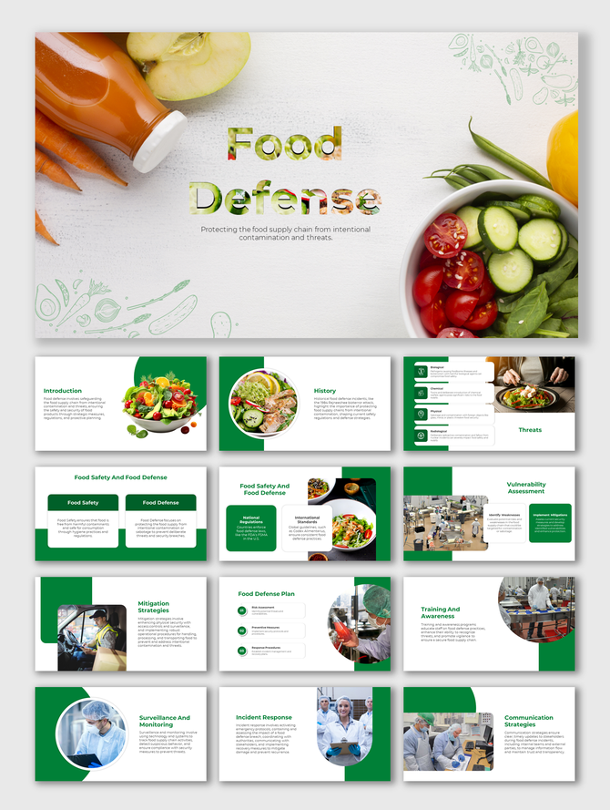 Food defense concept slide deck with fresh produce and text about protecting the food supply chain.