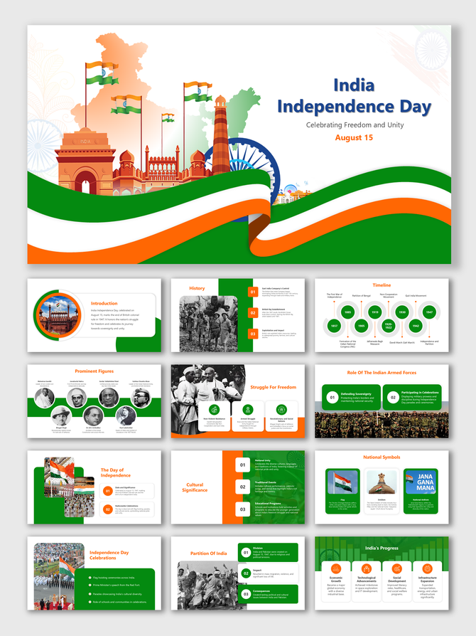 Slide deck on India's Independence Day, with sections covering the struggle for freedom, national symbols, and celebrations.