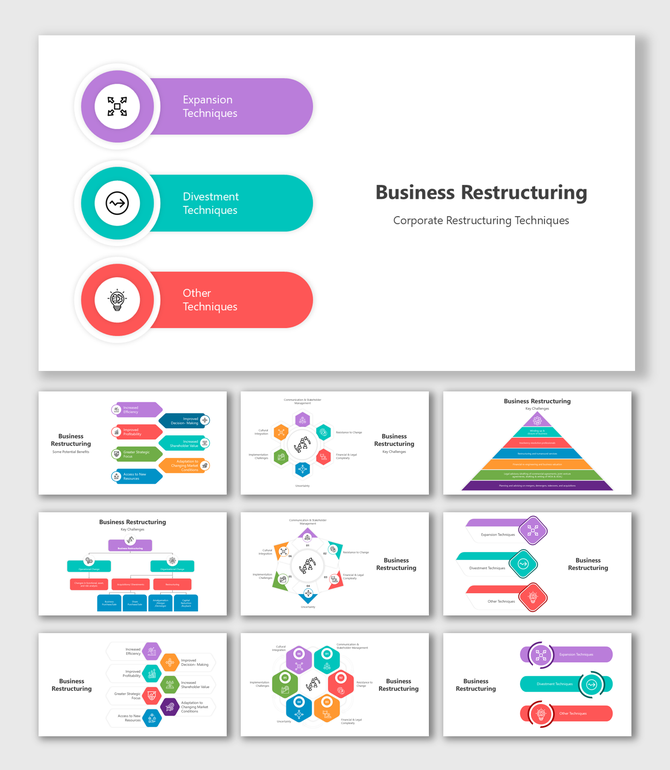 Slide deck featuring expansion, divestment, and restructuring techniques with hexagonal and pyramid layouts.