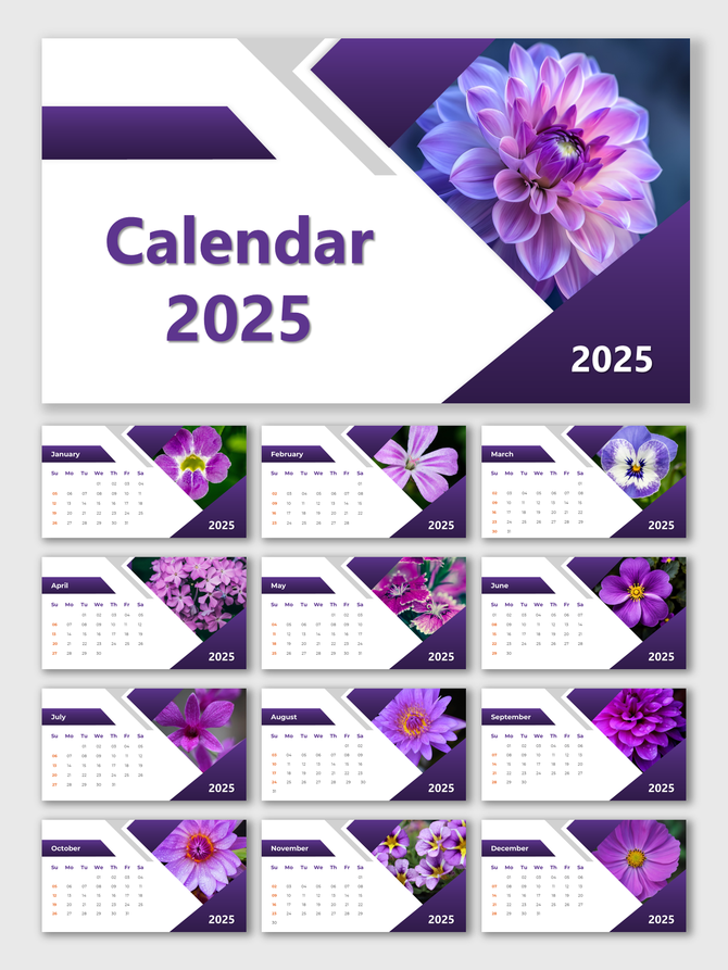 2025 calendar slide deck with floral photos for each month, featuring a clean purple and white layout.