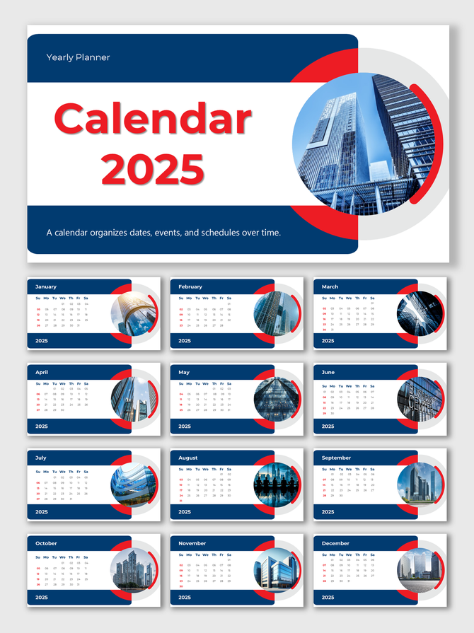 Slide deck containing a series of calendar pages for 2025 featuring red circular accents, in blue background.