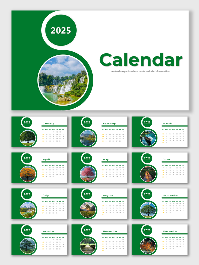 2025 calendar slide deck with green theme, showcasing each month alongside circular nature images.