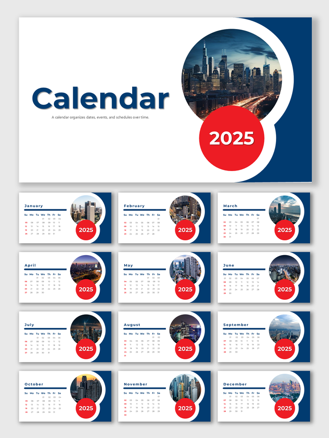 2025 calendar with twelve monthly pages, each showing a cityscape photo in a circular frame and dates in a clean grid layout.