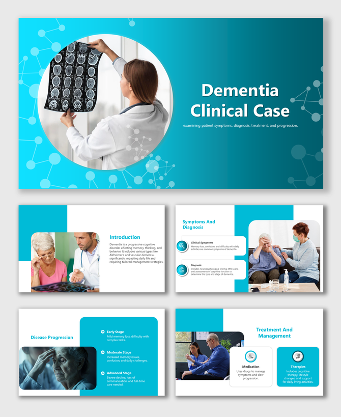 Dementia clinical slide deck with a scientific theme, MRI scan images, and patient consultations, with blue toned visuals.