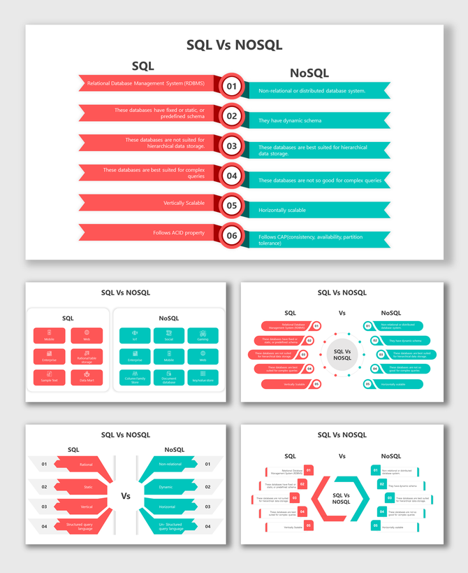 Slides featuring SQL and NOSQL differences using split layouts, circular diagrams, and horizontal flowcharts in red and teal.