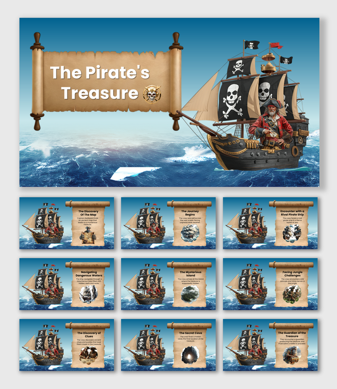 Pirate Treasure PPT slides feature a ship navigating through rough seas with a captain featured in the story on a blue theme.