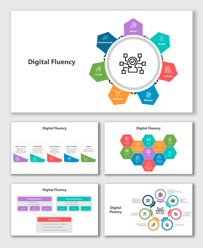 Digital fluency featuring infographic elements, digital skill icons, literacy charts, and process flow visuals.